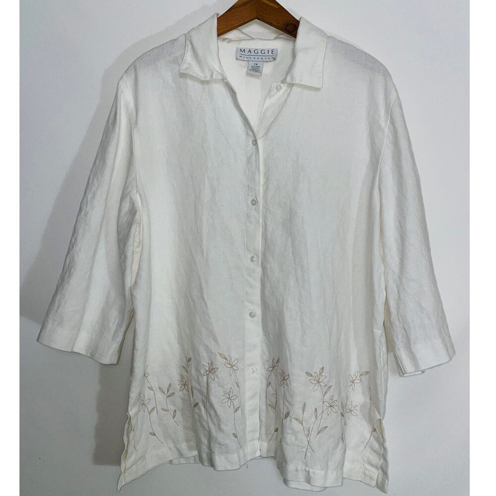Maggie McNaughton Floral Embroidered 100% Linen Top‎ - Women's Size 1X